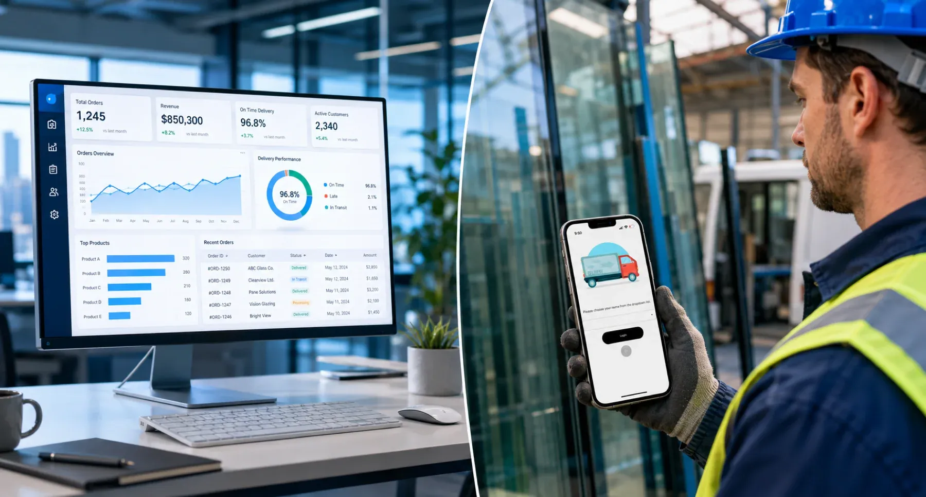 SPIL dashboard on a desktop monitor beside a glass worker in a hard hat checking a mobile app