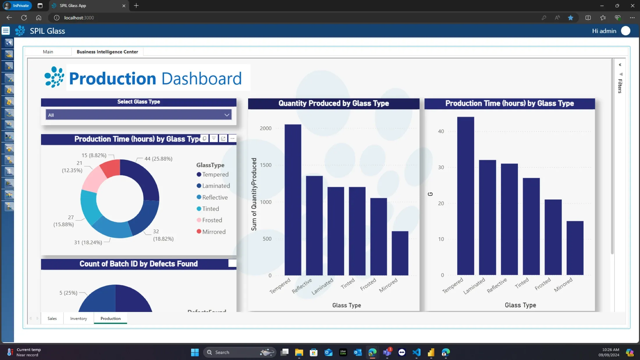 SPIL Cloud web app showing the Production dashboard: quantity produced and production hours by glass type, and batches by defects found