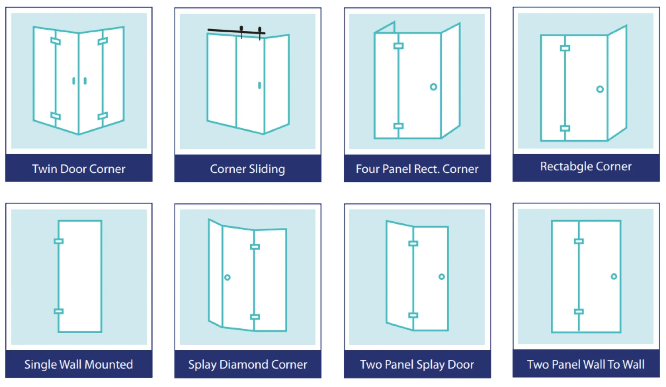 SPIL Configurator shower template library: twin door corner, corner sliding, four panel rectangular corner, rectangle corner, single wall mounted, splay diamond corner, two panel splay door and two panel wall to wall
