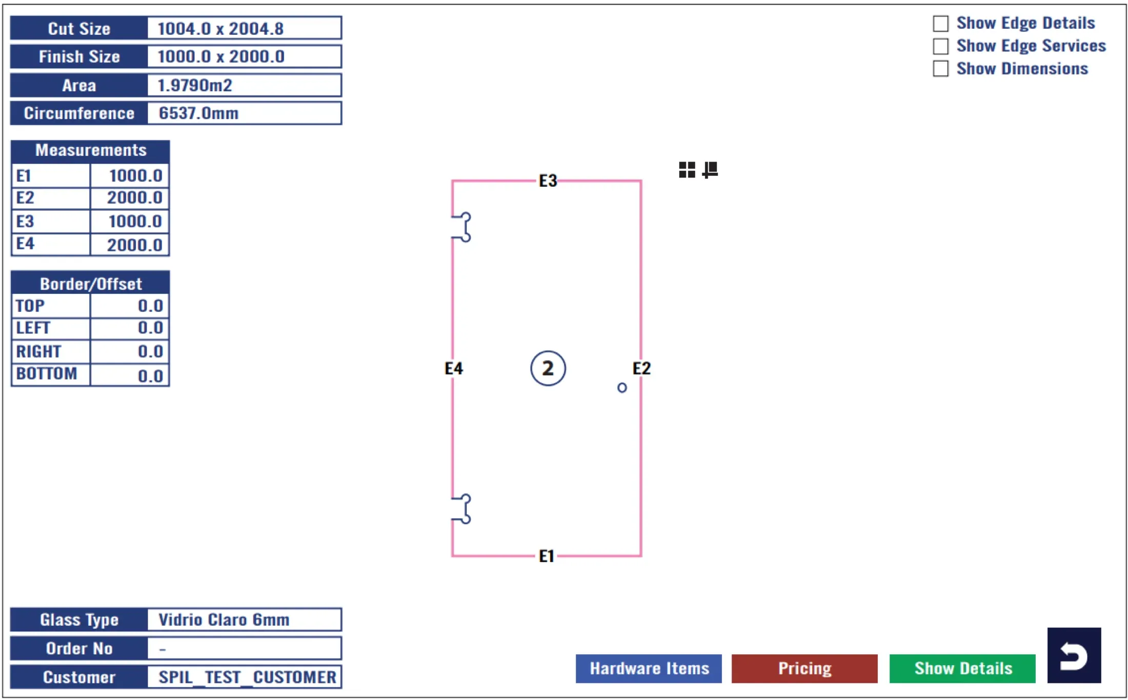 SPIL Configurator panel with notches and a hole, showing cut and finish sizes, area, edge measurements and glass type, with hardware and pricing buttons