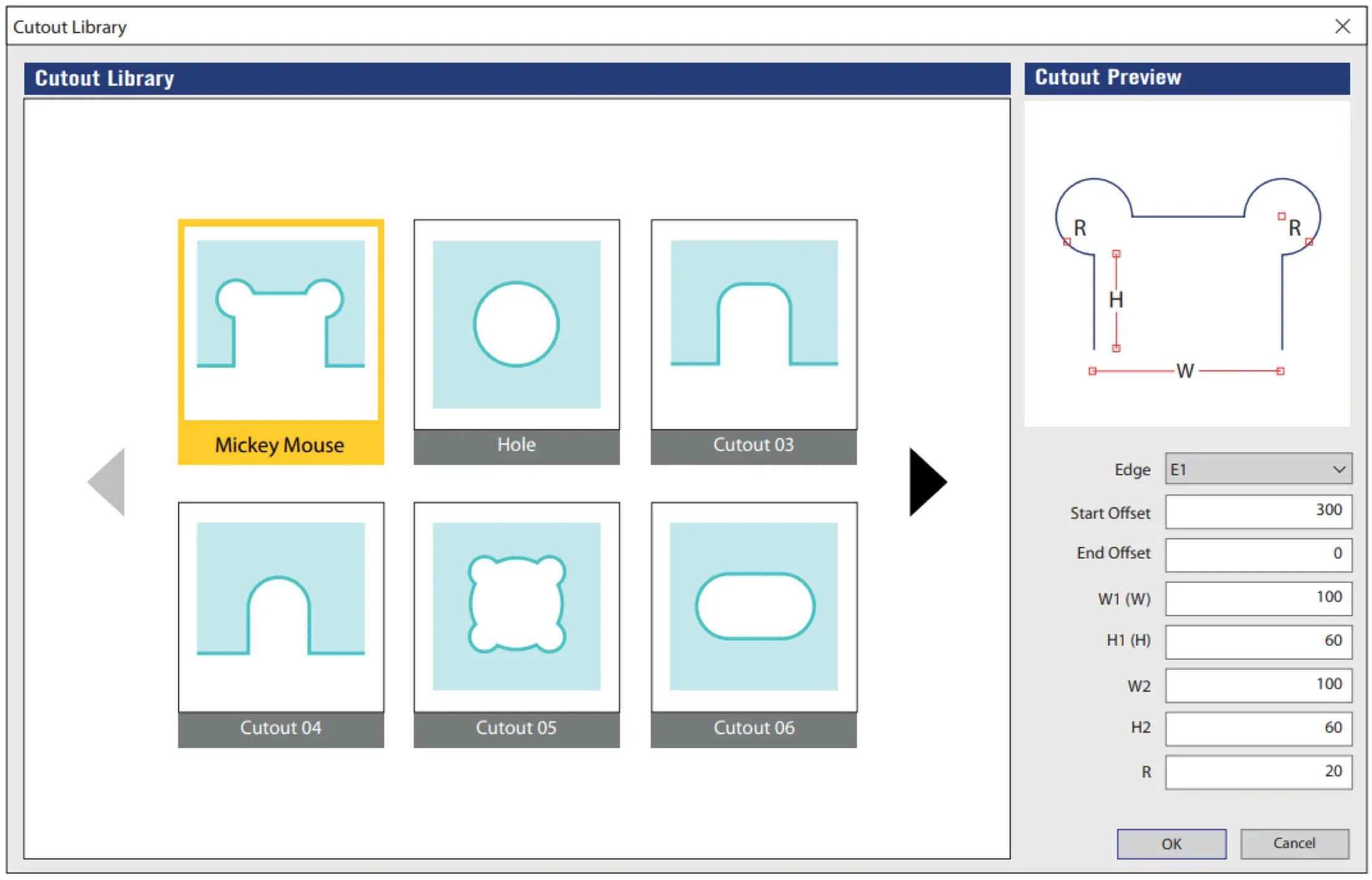 SPIL Configurator cut-out library with a preview and editable dimensions for the selected cut-out
