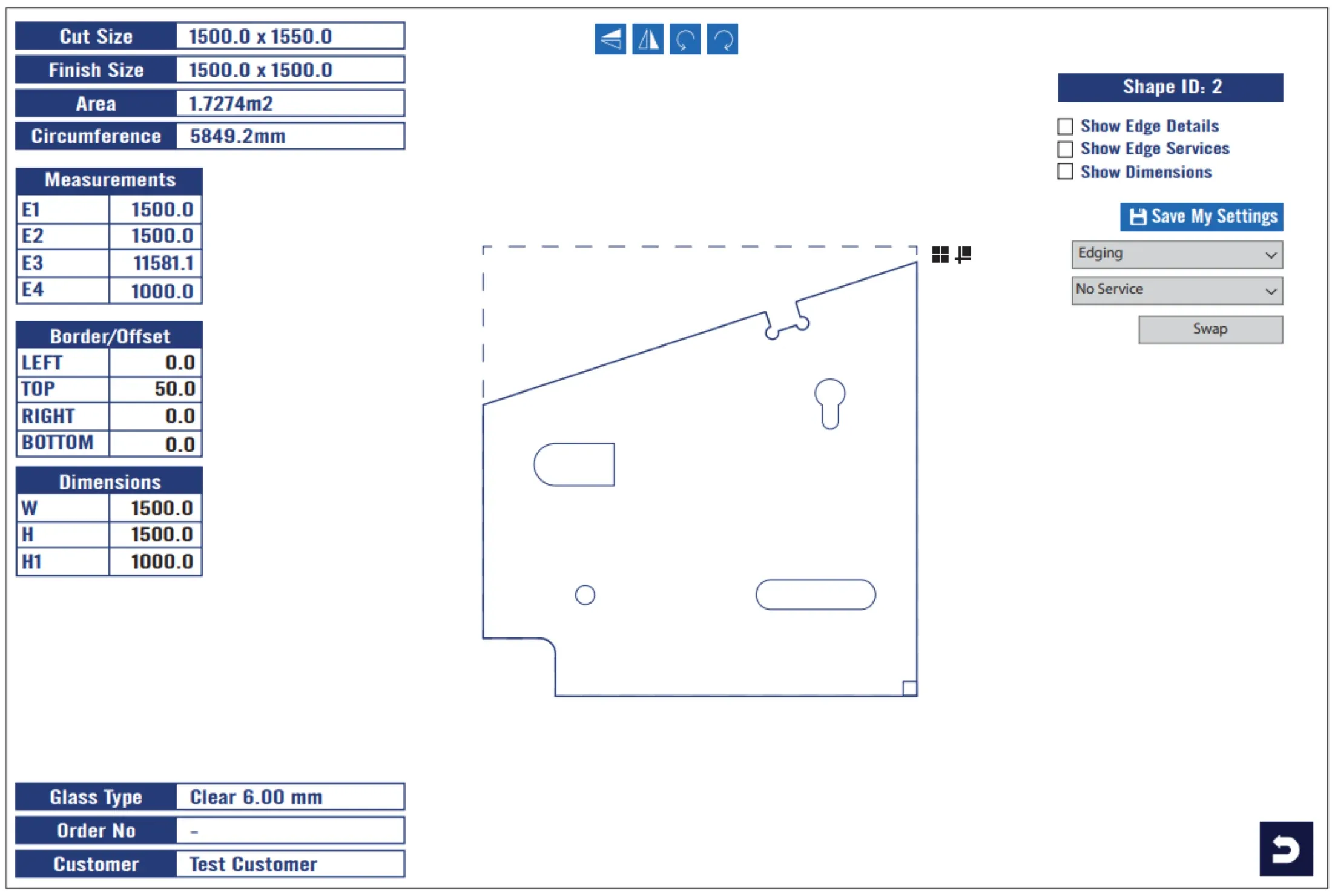 SPIL Configurator raked glass panel with an edge notch, a keyhole, a round hole, a slot and a corner cut-out, with measurements, border offsets and dimensions