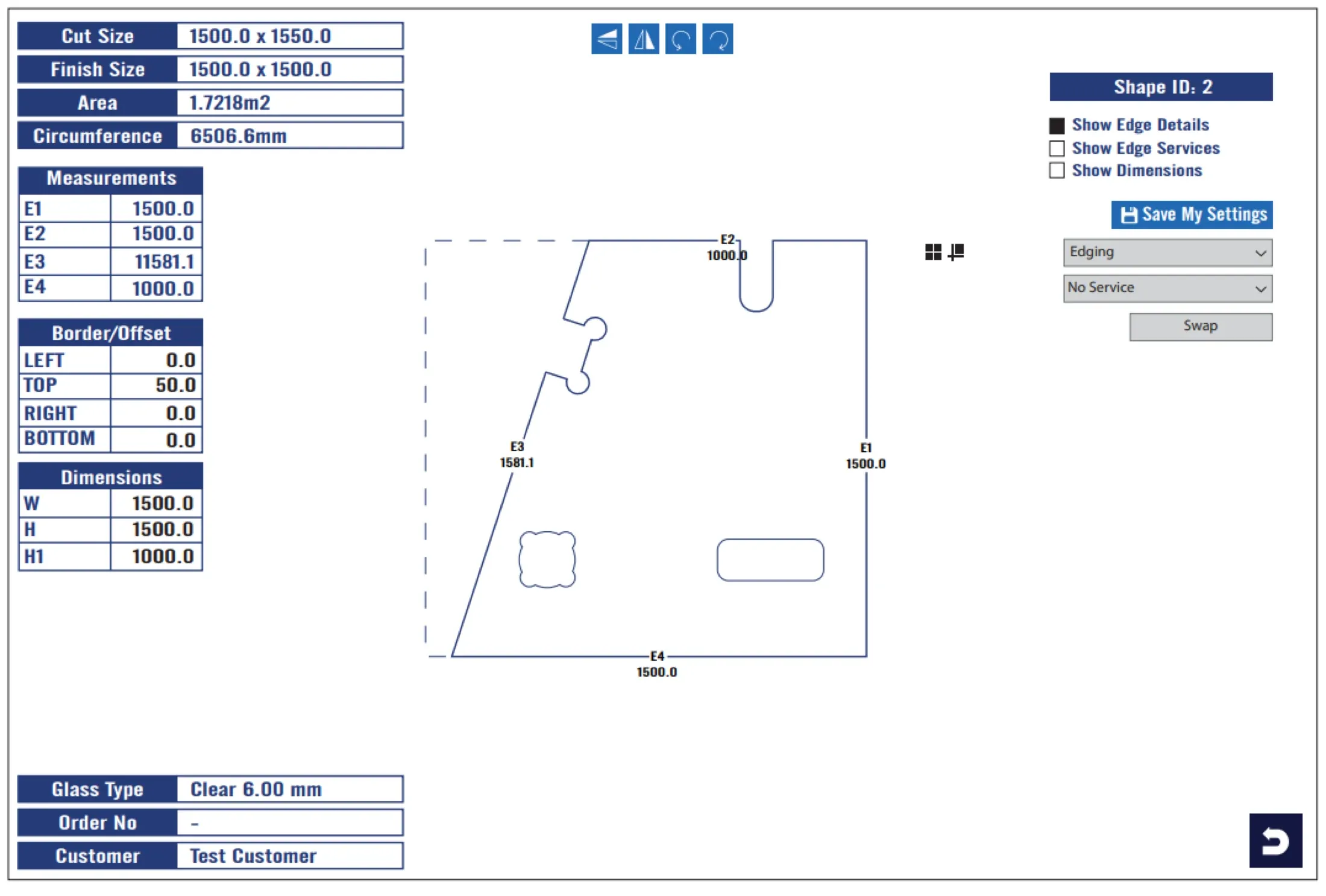 SPIL Configurator shaped panel with edge details switched on, showing each edge length, two edge notches and two internal cut-outs