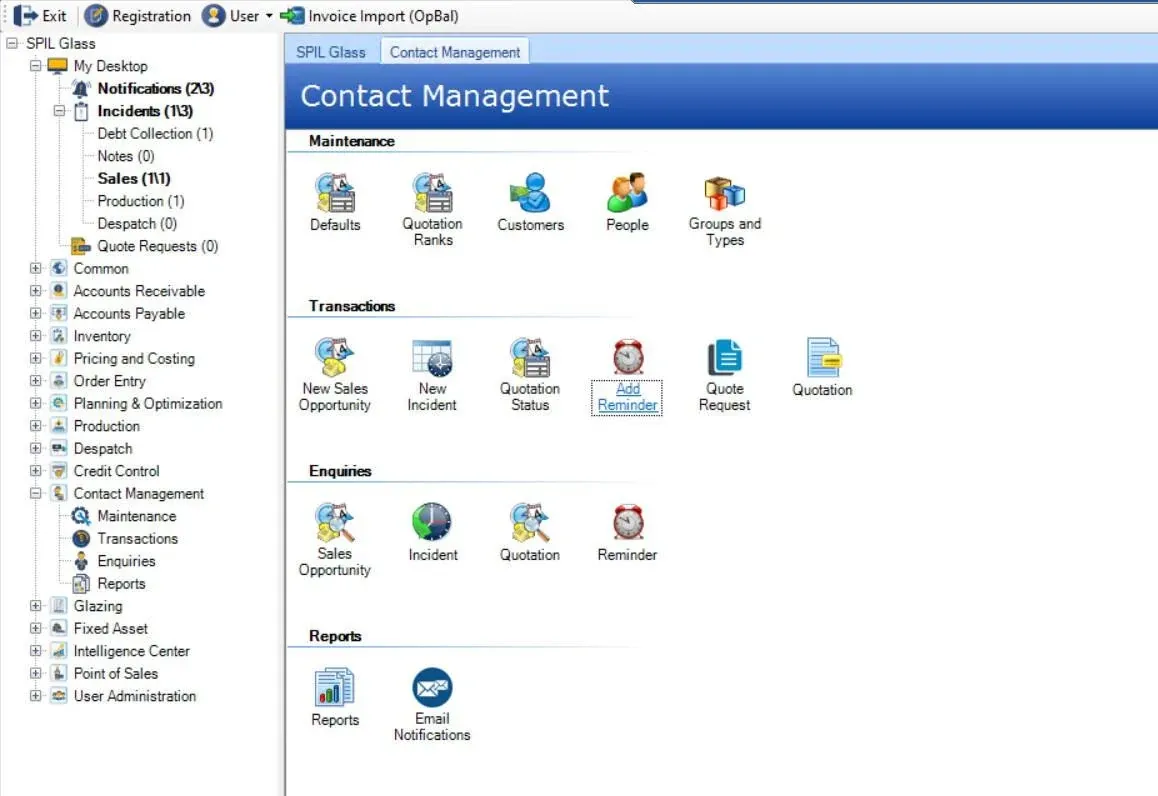 SPIL CRM contact management screen with maintenance, transaction, enquiry and report shortcuts for customers, quotations, sales opportunities, incidents and reminders