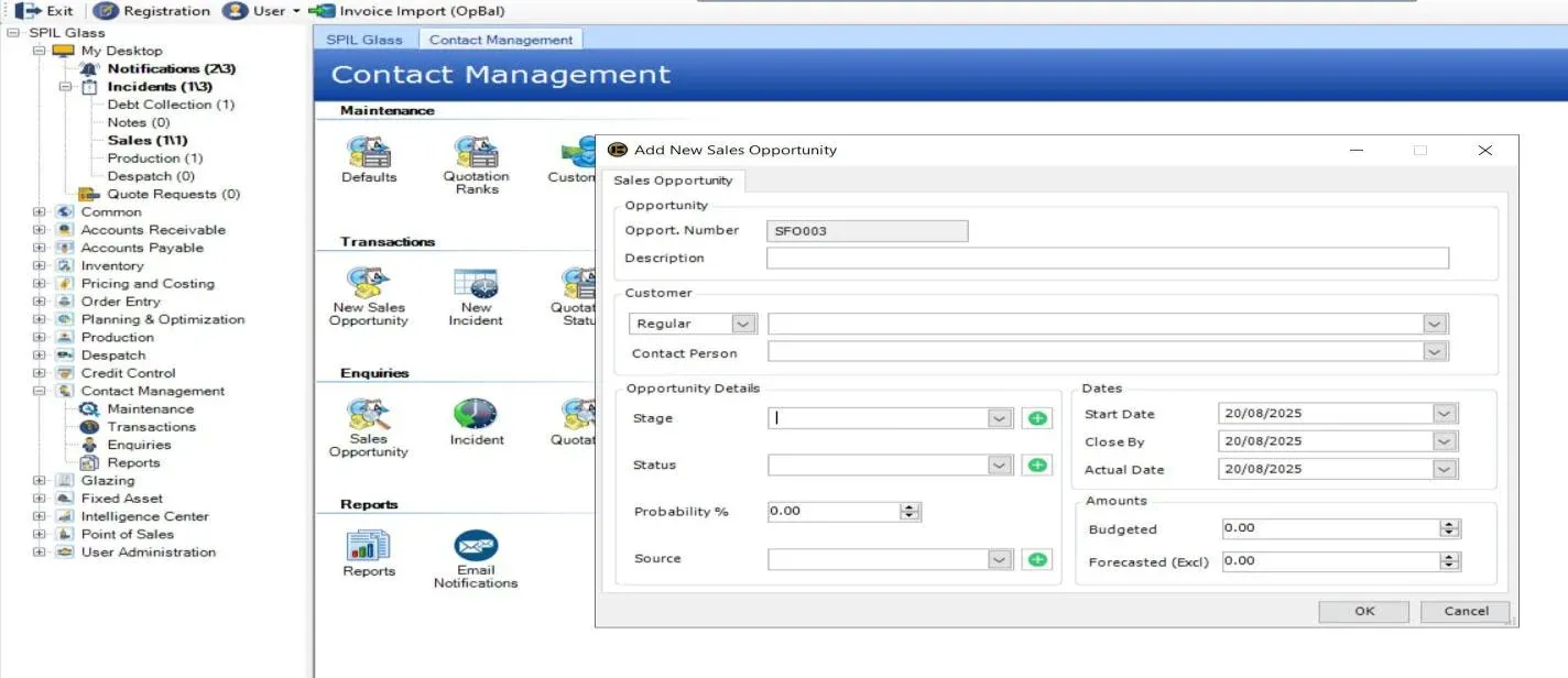 SPIL CRM new sales opportunity form with customer, stage, status, probability, dates and budgeted and forecast amounts