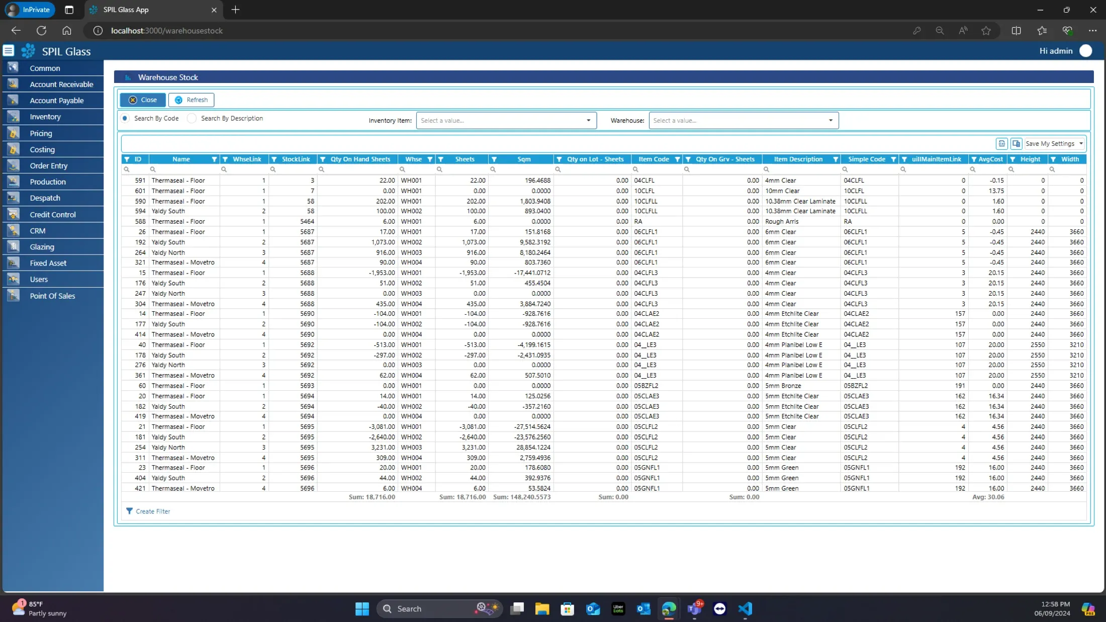 SPIL ERP web app warehouse stock table listing glass items with sheets on hand, square metres, warehouse and average cost