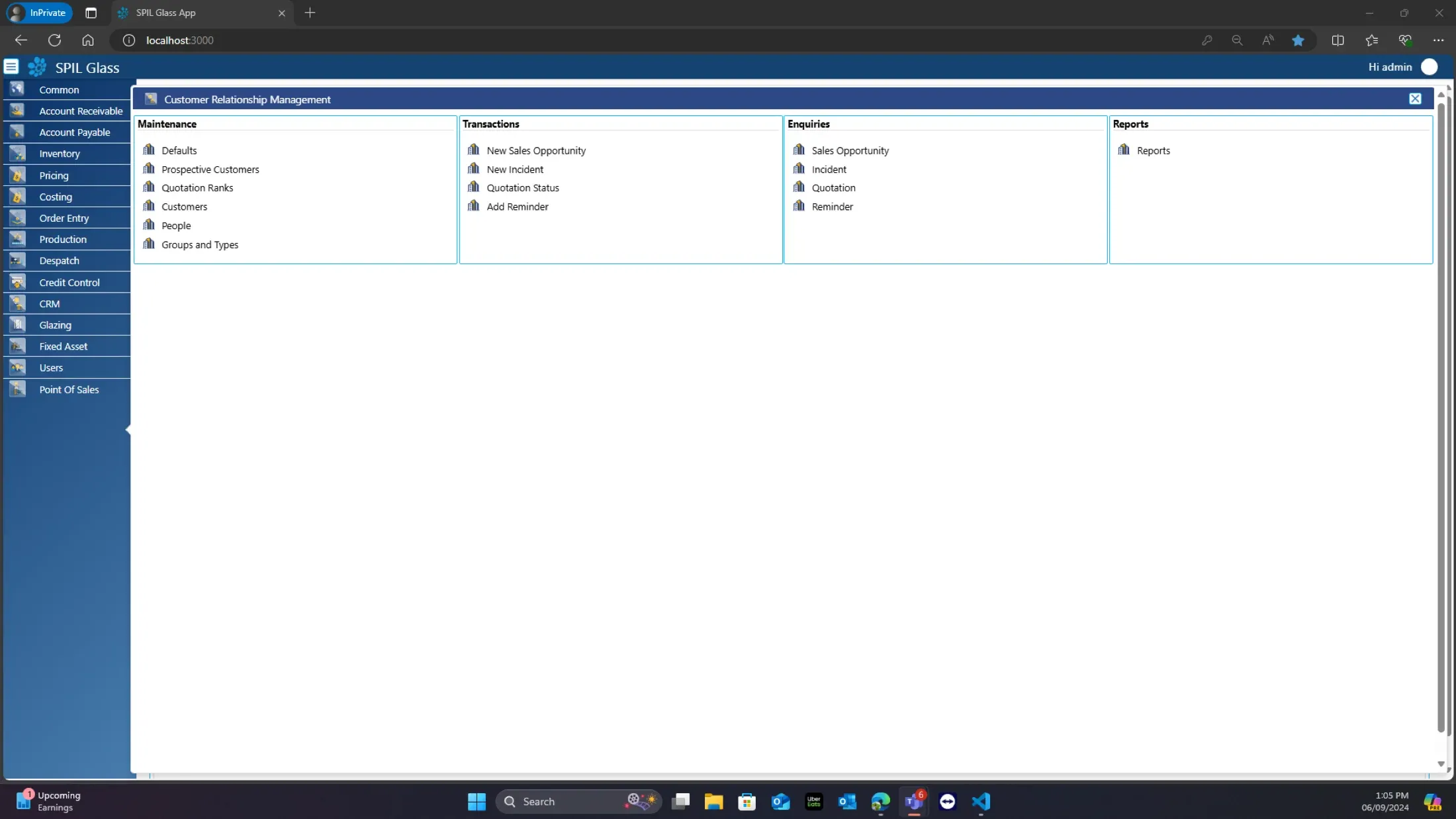 SPIL CRM menu grouped into Maintenance, Transactions, Enquiries and Reports, with prospective customers, quotation ranks, sales opportunities, incidents, quotation status and reminders
