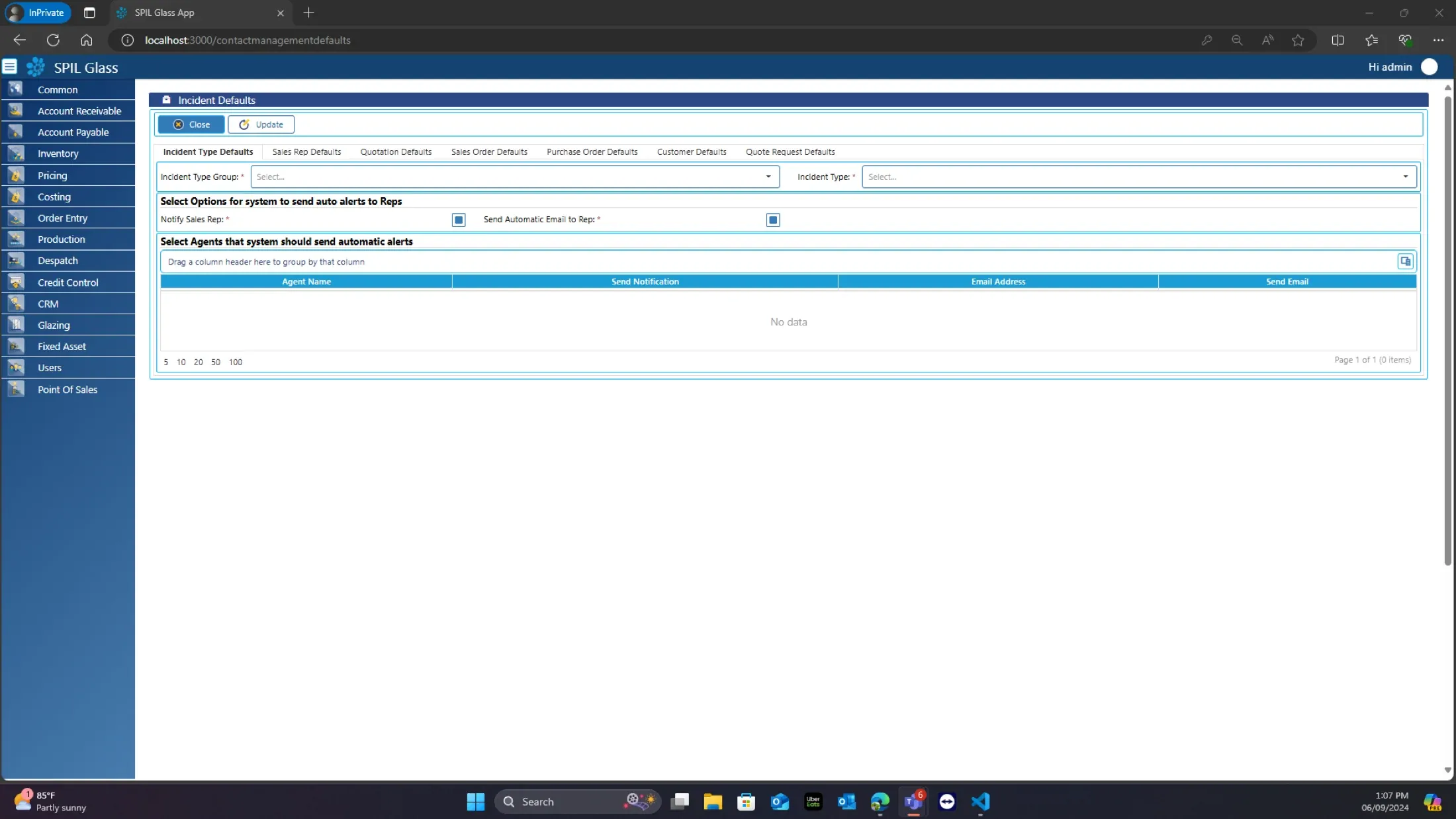 SPIL CRM incident defaults screen with options to notify sales reps and send automatic email alerts to selected agents