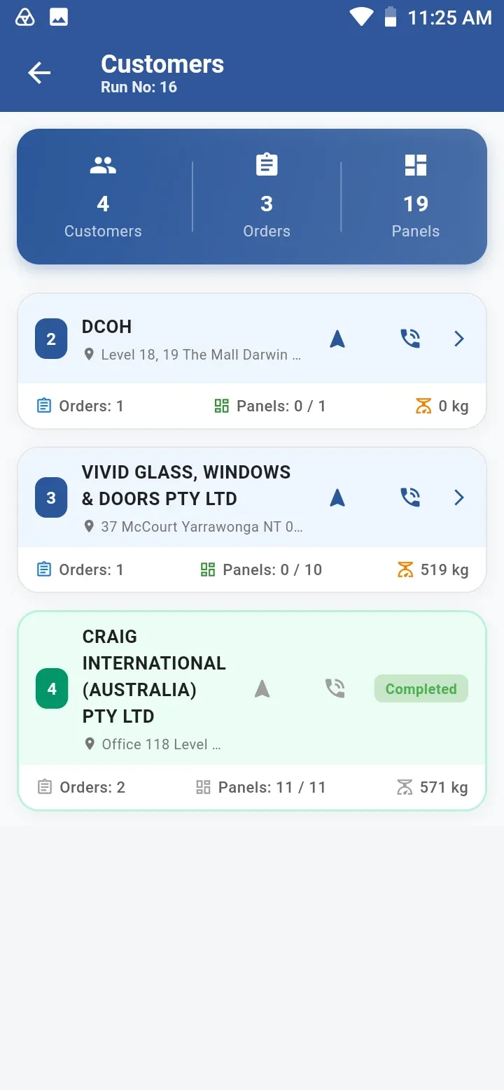 Customers on Run 16 with order and panel counts and weight per customer, navigate and call buttons, and a completed delivery marked in green