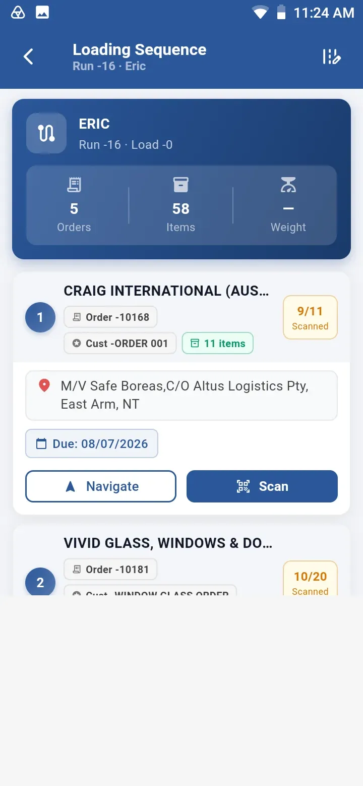 Loading Sequence for Run 16 listing customers in drop order with order numbers, item counts, delivery address, due date, scanned counts and Navigate and Scan buttons