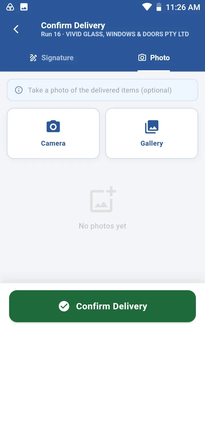 Confirm Delivery photo tab for taking an optional photo of the delivered items from the camera or the gallery