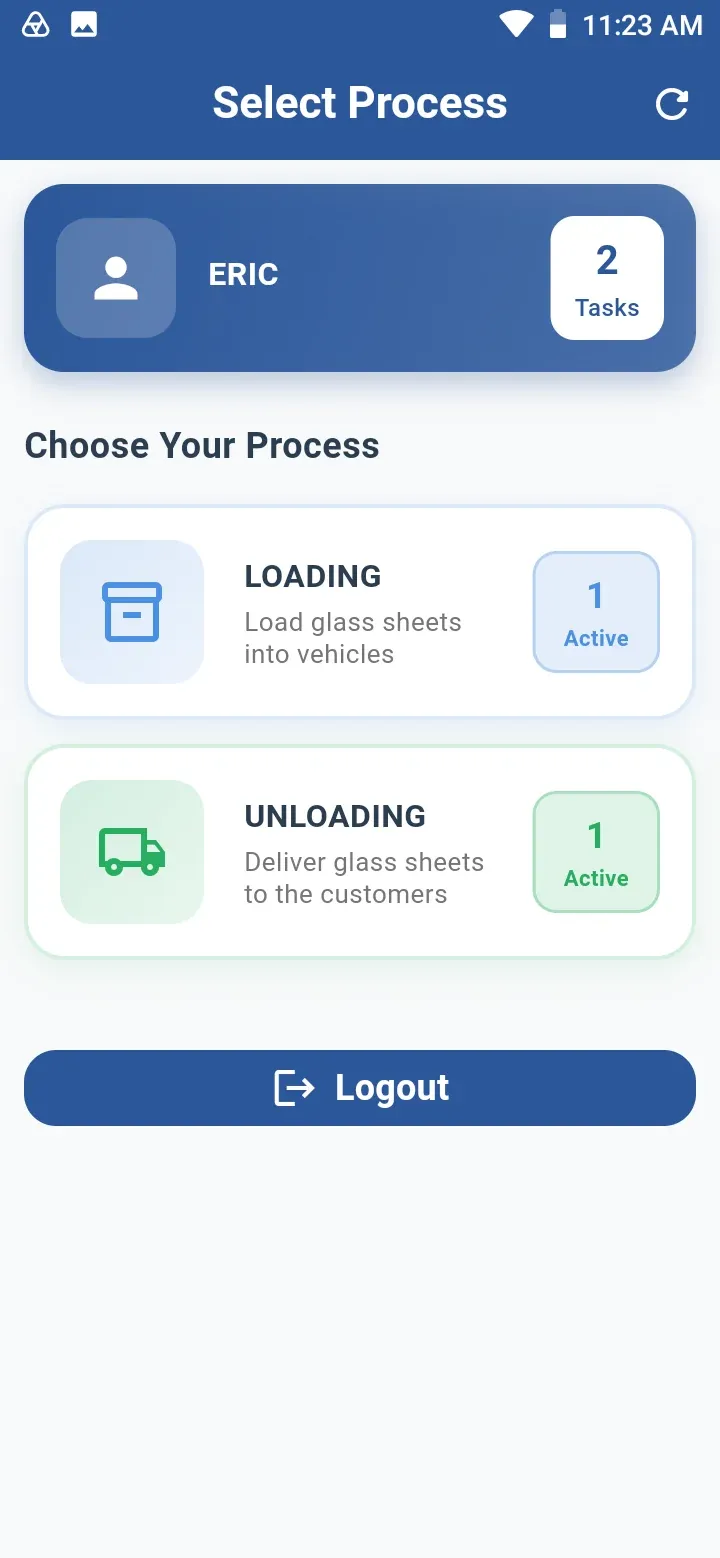 SPIL Delivery Scanner home screen for driver Eric with two tasks, a Loading option to load glass sheets into vehicles and an Unloading option to deliver glass sheets to customers