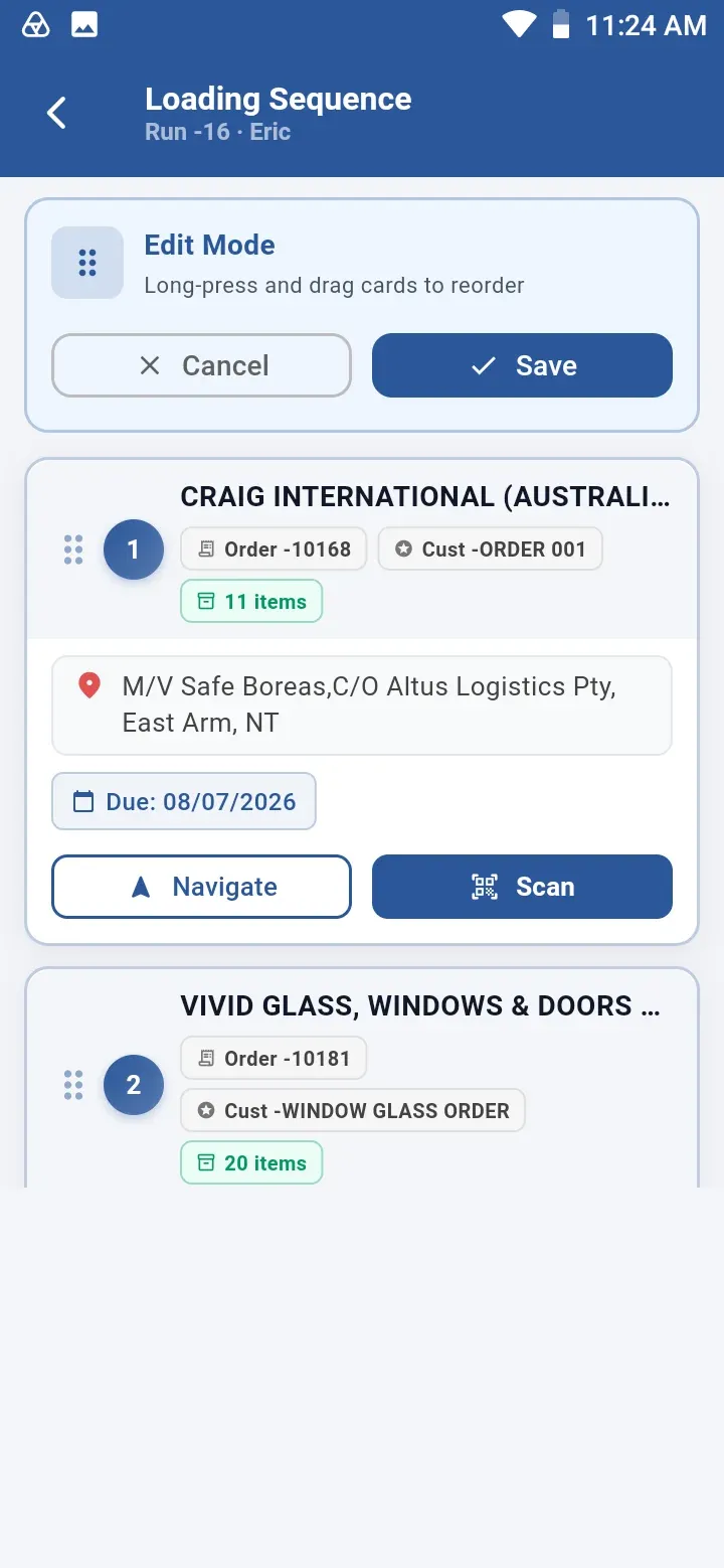 Loading Sequence in edit mode, where cards can be long-pressed and dragged to reorder the drops, with Cancel and Save buttons