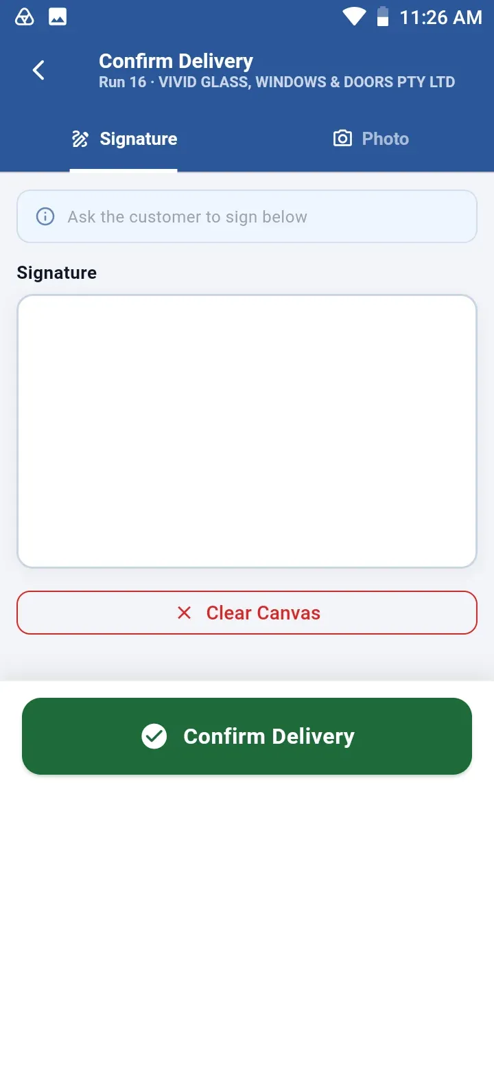 Confirm Delivery screen asking the customer to sign on the device, with Clear Canvas and Confirm Delivery buttons