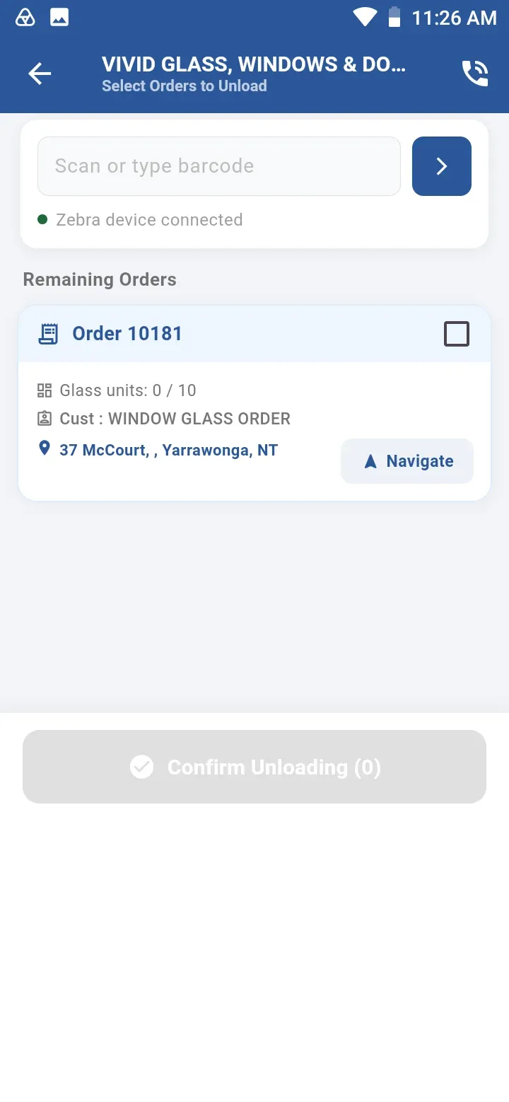 Select Orders to Unload screen for a customer, with barcode scanning, the remaining order, glass units scanned, delivery address and a Navigate button