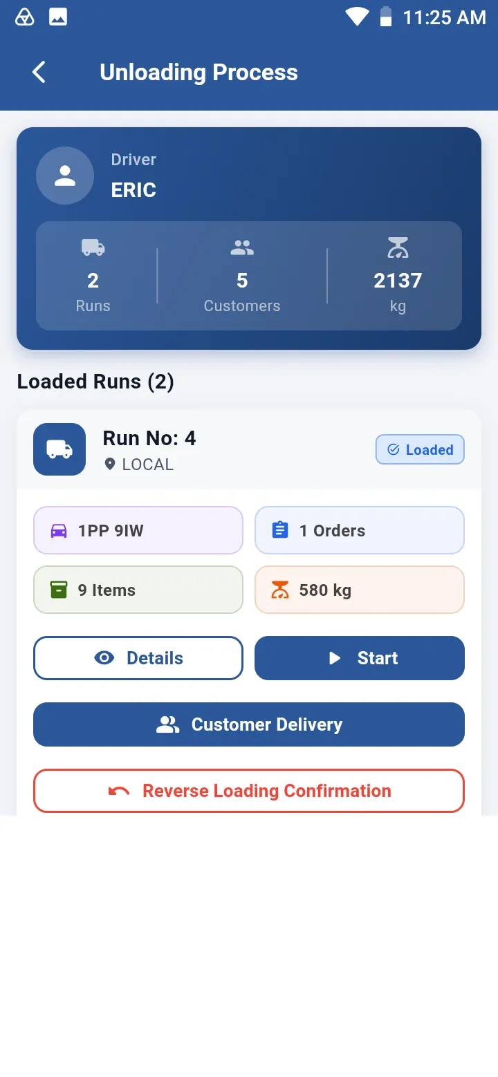 Unloading Process screen showing two loaded runs with orders, items and weight, and Details, Start, Customer Delivery and Reverse Loading Confirmation buttons