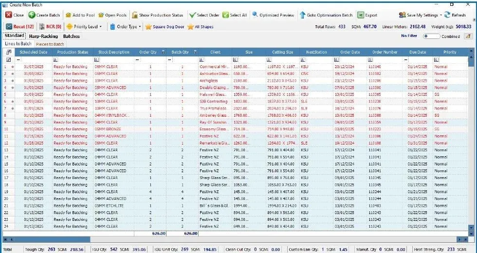 SPIL Advanced Batching workspace listing verified glass orders ready for batching, with production status, glass codes, sizes, delivery dates and priority