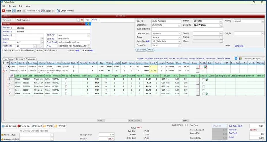 SPIL ERP sales order screen with customer and delivery details at the top, a grid of glass order lines with dimensions, services and prices, and order totals