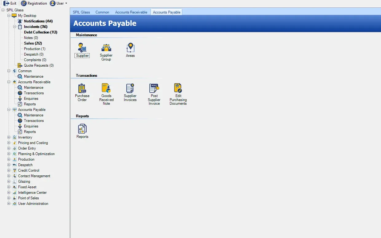 SPIL ERP Accounts Payable menu with maintenance (Supplier, Supplier Group, Areas); transactions (Purchase Order, Goods Received Note, Supplier Invoices, Post Supplier Invoice, Edit Purchasing Documents); reports (Reports)