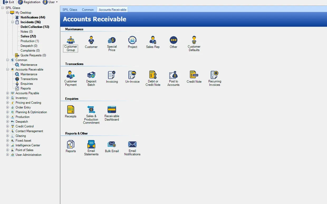SPIL ERP Accounts Receivable menu with maintenance (Customer Group, Customer, Special Price, Project, Sales Rep, Other, Customer Defaults); transactions (Customer Payment, Deposit Batch, Invoicing, Un-Invoice, Debit or Credit Note, Post to Accounts, Credit Note, Recurring Invoices); enquiries (Receipts, Sales & Production Commitment, Receivable Dashboard); reports (Reports, Email Statements, Bulk Email, Email Notifications)