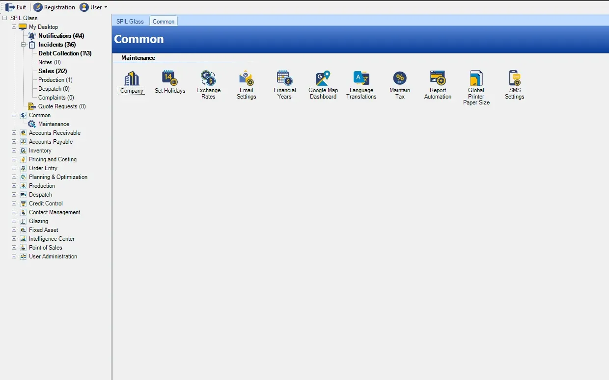 SPIL ERP Common menu with maintenance (Company, Set Holidays, Exchange Rates, Email Settings, Financial Years, Google Map Dashboard, Language Translations, Maintain Tax, Report Automation, Global Printer Paper Size, SMS Settings)