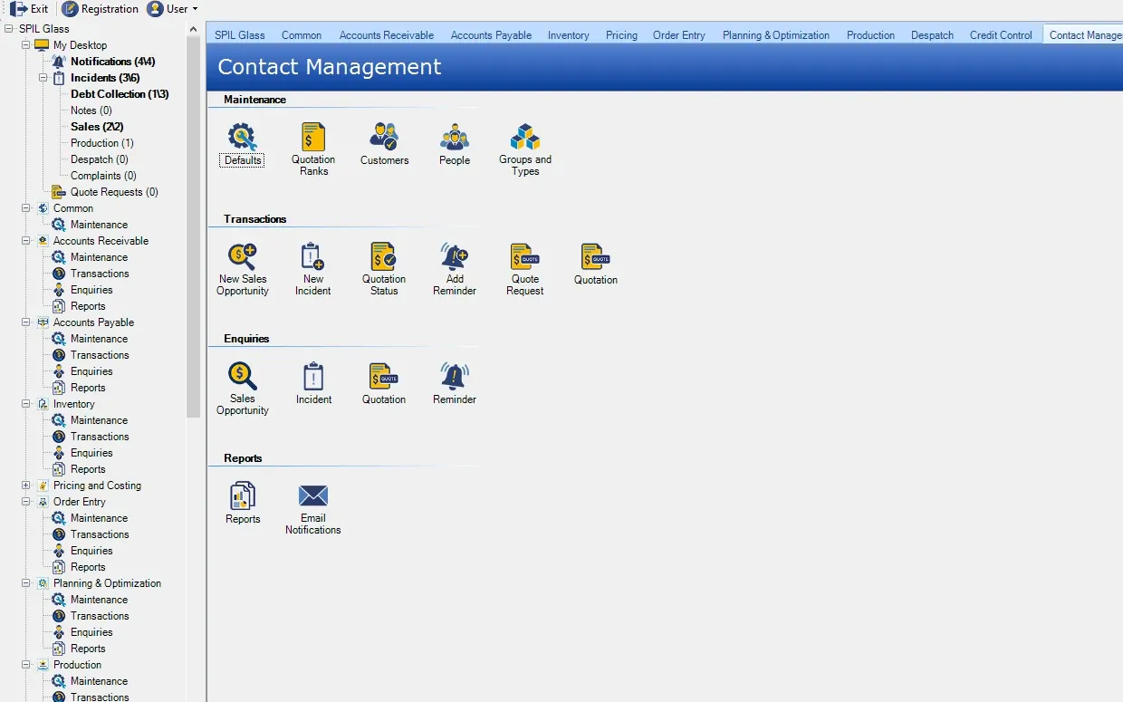 SPIL ERP Contact Management menu with maintenance (Defaults, Quotation Ranks, Customers, People, Groups and Types); transactions (New Sales Opportunity, New Incident, Quotation Status, Add Reminder, Quote Request, Quotation); enquiries (Sales Opportunity, Incident, Quotation, Reminder); reports (Reports, Email Notifications)