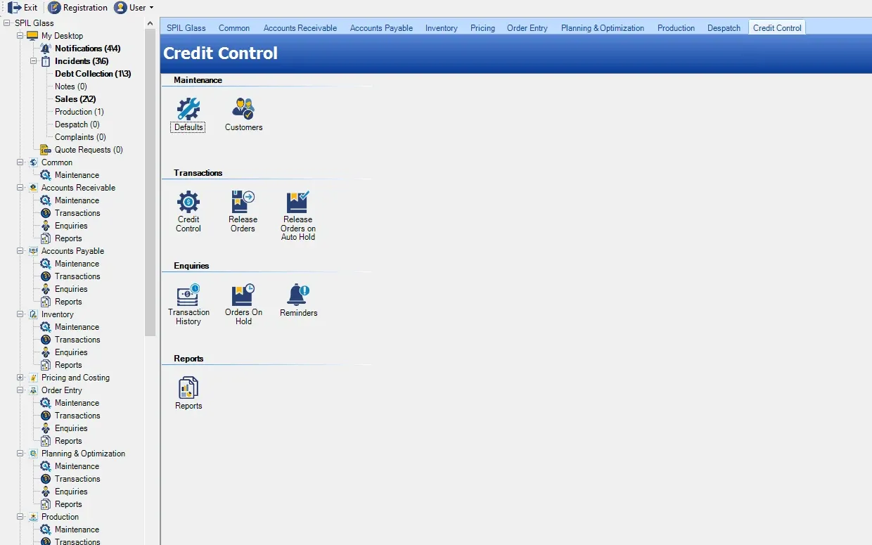 SPIL ERP Credit Control menu with maintenance (Defaults, Customers); transactions (Credit Control, Release Orders, Release Orders on Auto Hold); enquiries (Transaction History, Orders On Hold, Reminders); reports (Reports)