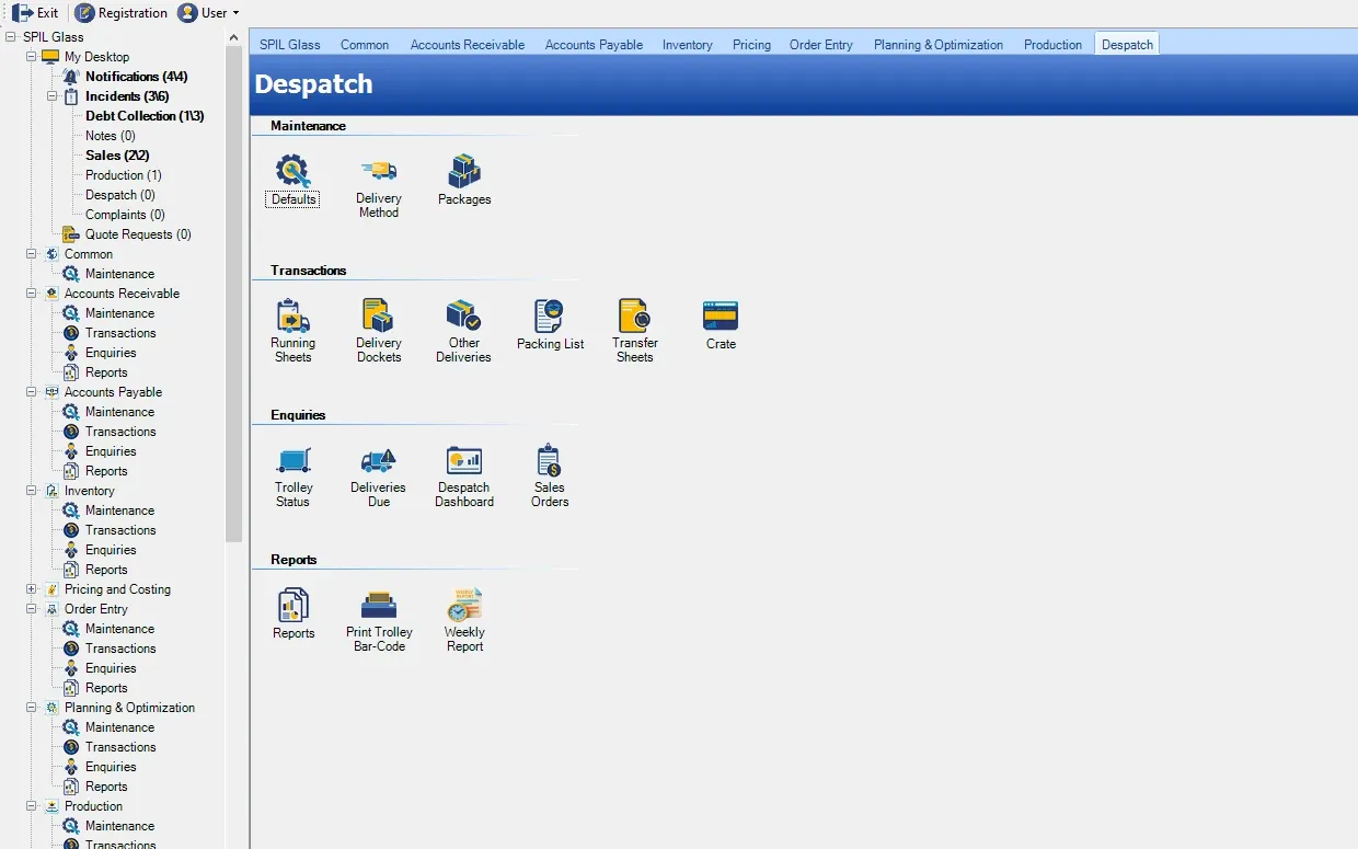 SPIL ERP Despatch menu with maintenance (Defaults, Delivery Method, Packages); transactions (Running Sheets, Delivery Dockets, Other Deliveries, Packing List, Transfer Sheets, Crate); enquiries (Trolley Status, Deliveries Due, Despatch Dashboard, Sales Orders); reports (Reports, Print Trolley Bar-Code, Weekly Report)