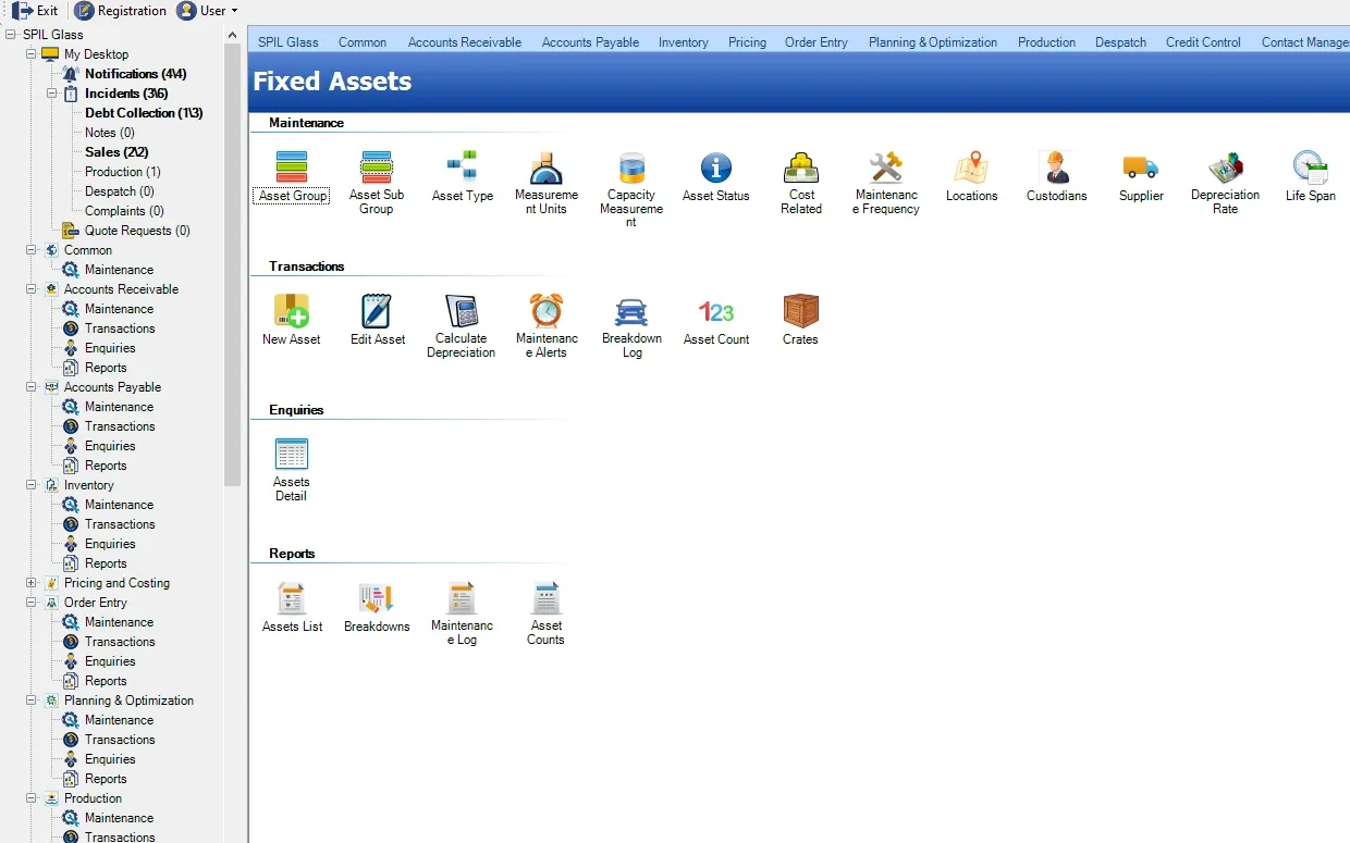SPIL ERP Fixed Assets menu with maintenance (Asset Group, Asset Sub Group, Asset Type, Measurement Units, Capacity Measurement, Asset Status, Cost Related, Maintenance Frequency, Locations, Custodians, Supplier, Depreciation Rate, Life Span); transactions (New Asset, Edit Asset, Calculate Depreciation, Maintenance Alerts, Breakdown Log, Asset Count, Crates); enquiries (Assets Detail); reports (Assets List, Breakdowns, Maintenance Log, Asset Counts)