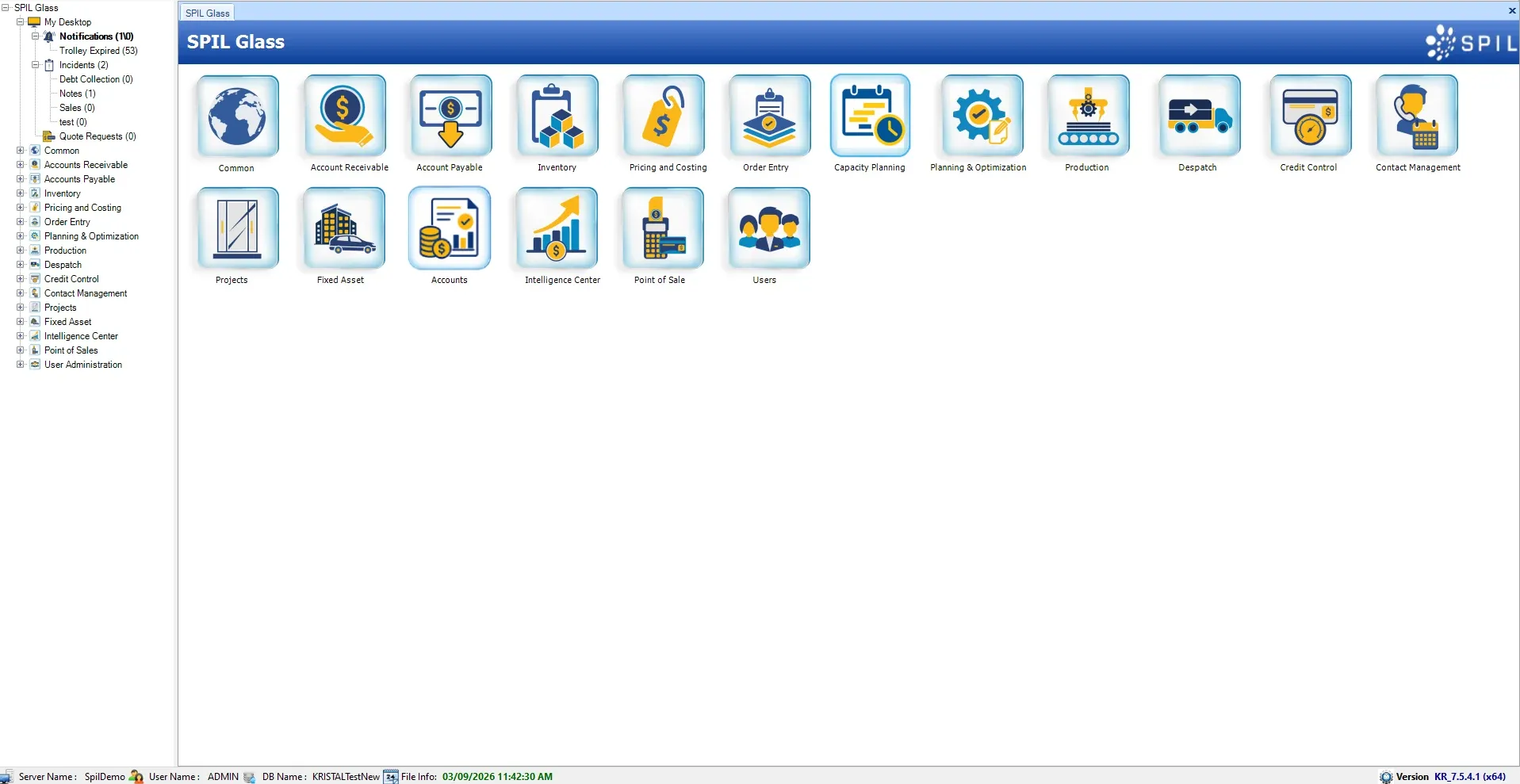 SPIL ERP home screen with the module launcher — Common, Accounts Receivable and Payable, Inventory, Pricing and Costing, Order Entry, Capacity Planning, Planning & Optimisation, Production, Despatch, Credit Control, Contact Management, Projects, Fixed Assets, Accounts, Intelligence Center, Point of Sale and Users — beside the navigation tree with notifications and incidents
