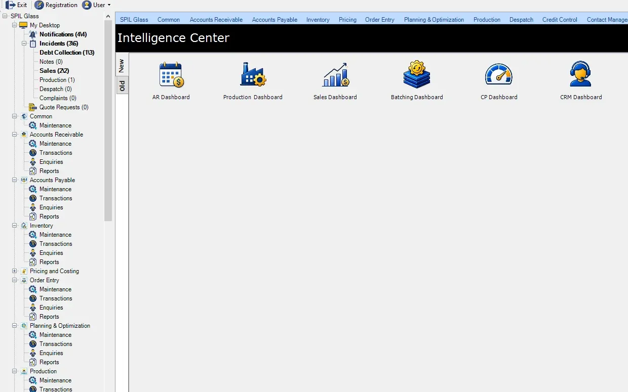 SPIL ERP Intelligence Center menu with dashboards (AR Dashboard, Production Dashboard, Sales Dashboard, Batching Dashboard, CP Dashboard, CRM Dashboard, Dispatch Dashboard, Inventory Dashboard)