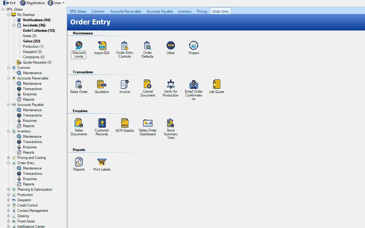 SPIL ERP Order Entry menu with maintenance (Discount Limits, Import EDI, Order Entry Controls, Order Defaults, Other, Project); transactions (Sales Order, Quotation, Invoice, Cancel Document, Verify for Production, Email Order Confirmations, Job Quote); enquiries (Sales Documents, Customer Records, NCR Details, Sales Order Dashboard, Stock Summary View); reports (Reports, Print Labels)