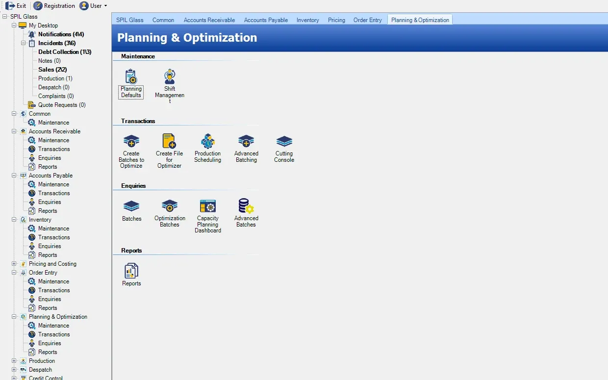 SPIL ERP Planning & Optimisation menu with maintenance (Planning Defaults, Shift Management); transactions (Create Batches to Optimize, Create File for Optimizer, Production Scheduling, Advanced Batching, Cutting Console); enquiries (Batches, Optimization Batches, Capacity Planning Dashboard, Advanced Batches); reports (Reports)