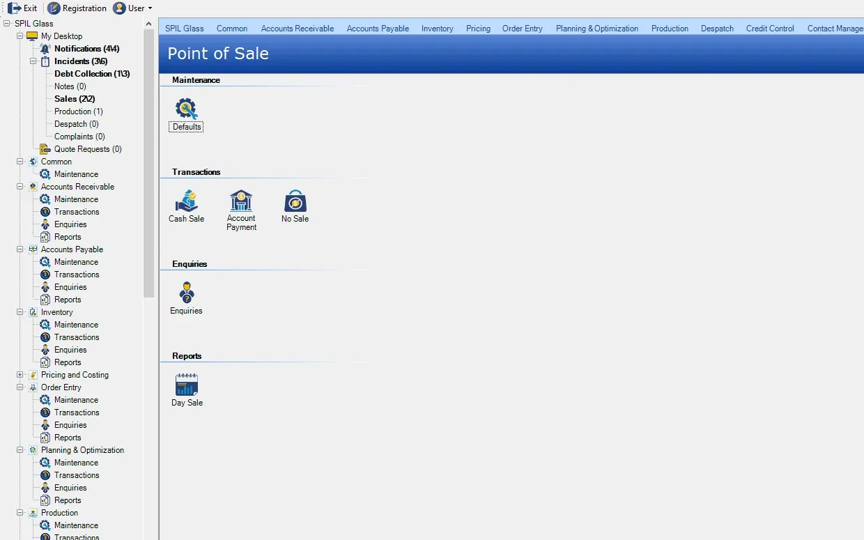 SPIL ERP Point of Sale menu with maintenance (Defaults); transactions (Cash Sale, Account Payment, No Sale); enquiries (Enquiries); reports (Day Sale)