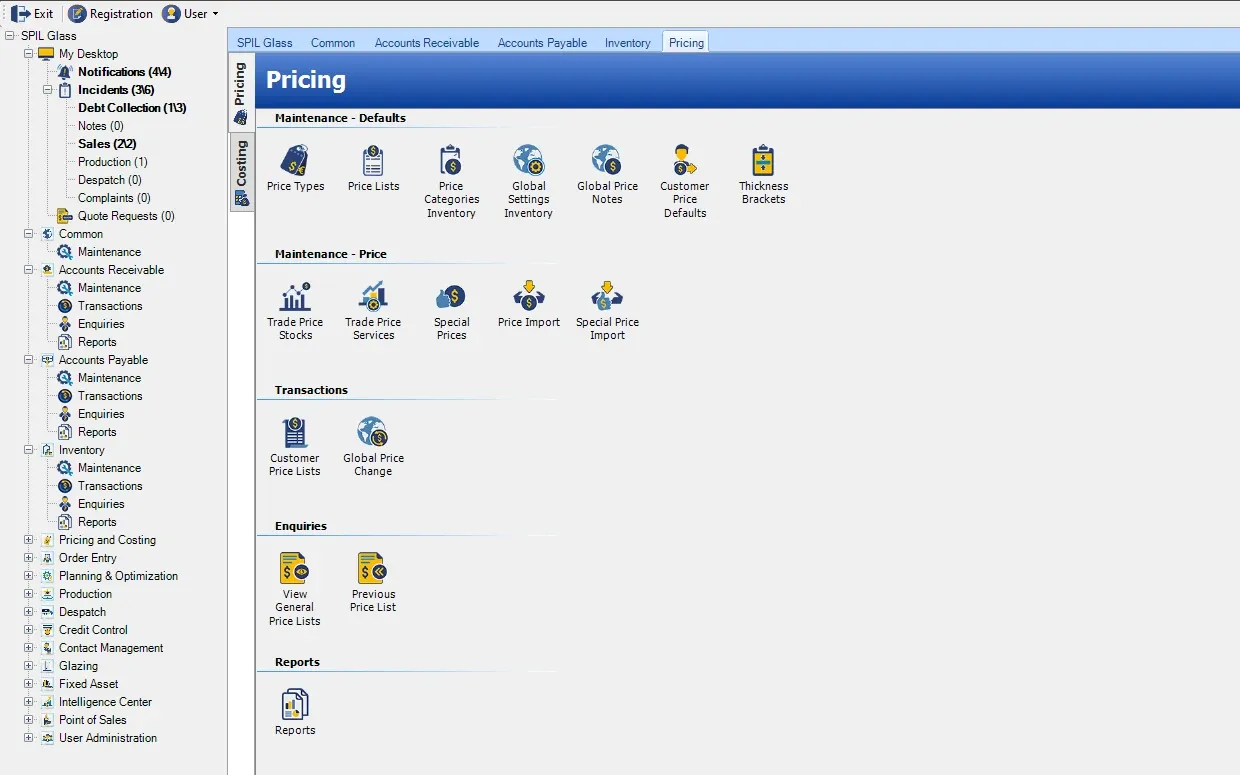 SPIL ERP Pricing menu with maintenance (Price Types, Price Lists, Price Categories Inventory, Global Settings Inventory, Global Price Notes, Customer Price Defaults, Thickness Brackets, Trade Price Stocks, Trade Price Services, Special Prices, Price Import, Special Price Import); transactions (Customer Price Lists, Global Price Change); enquiries (View General Price Lists, Previous Price List)