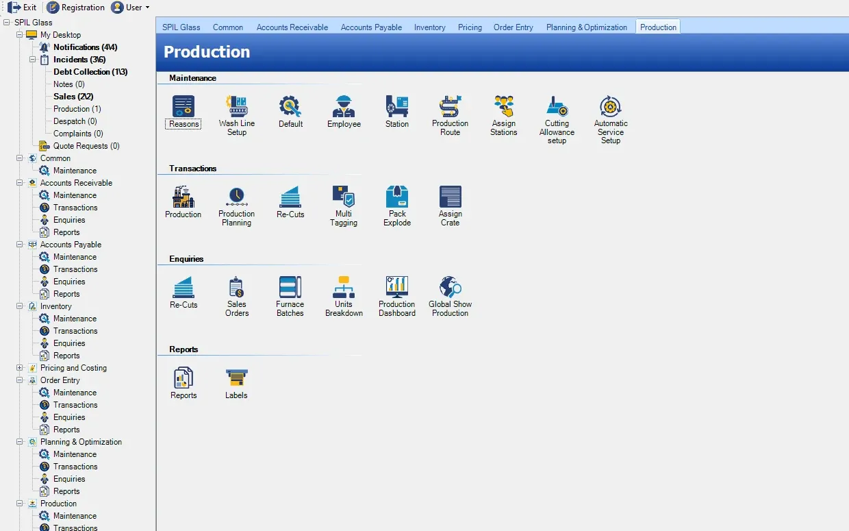 SPIL ERP Production menu with maintenance (Reasons, Wash Line Setup, Default, Employee, Station, Production Route, Assign Stations, Cutting Allowance Setup, Automatic Service Setup); transactions (Production, Production Planning, Re-Cuts, Multi Tagging, Pack Explode, Assign Crate); enquiries (Re-Cuts, Sales Orders, Furnace Batches, Units Breakdown, Production Dashboard, Global Show Production); reports (Reports, Labels)