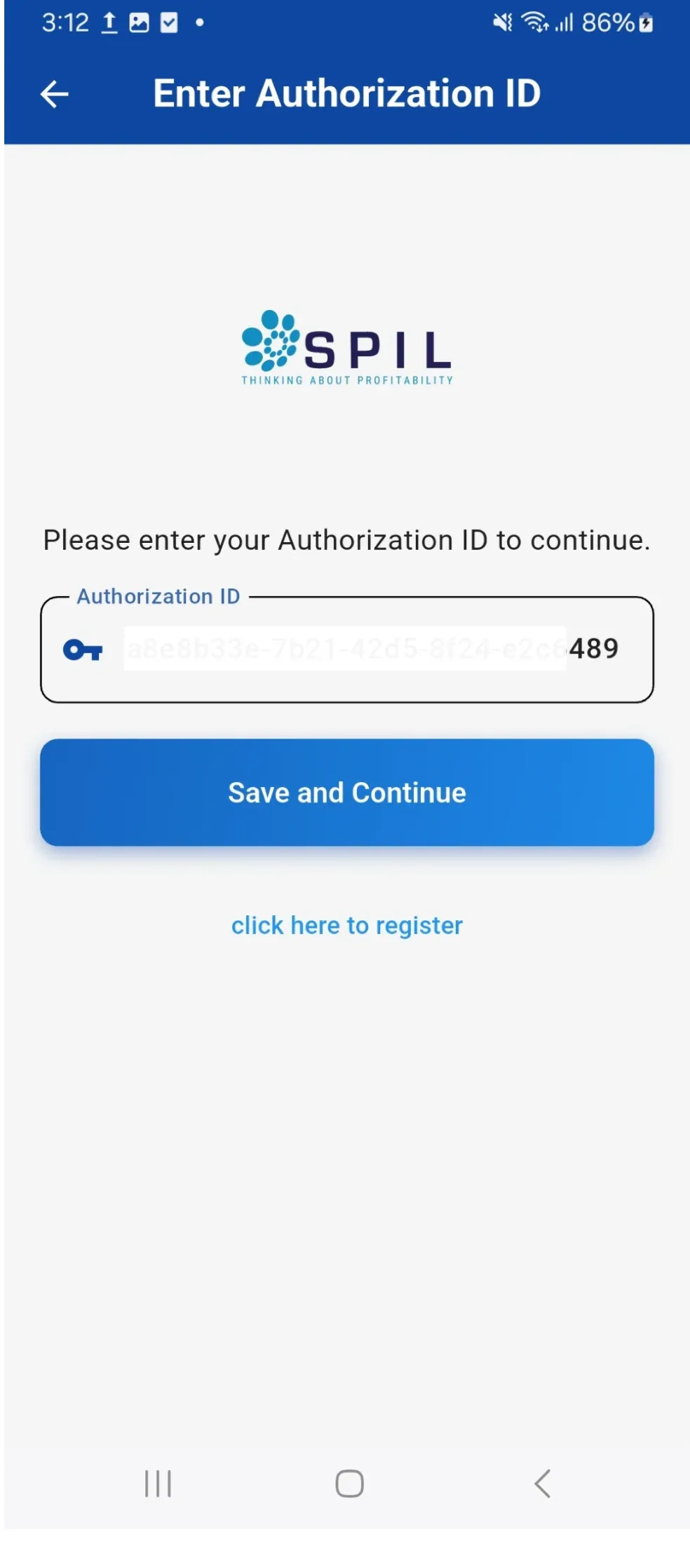 SPIL Glazier App screen for entering a company authorisation ID