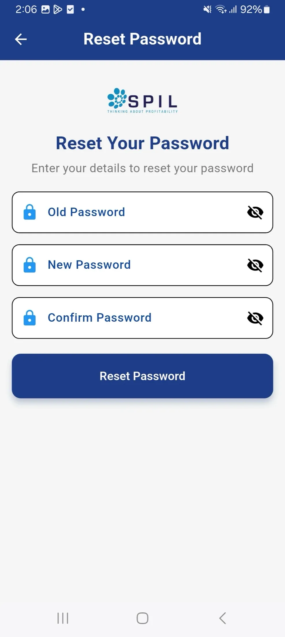 SPIL Glazier App reset password screen with old, new and confirm password fields