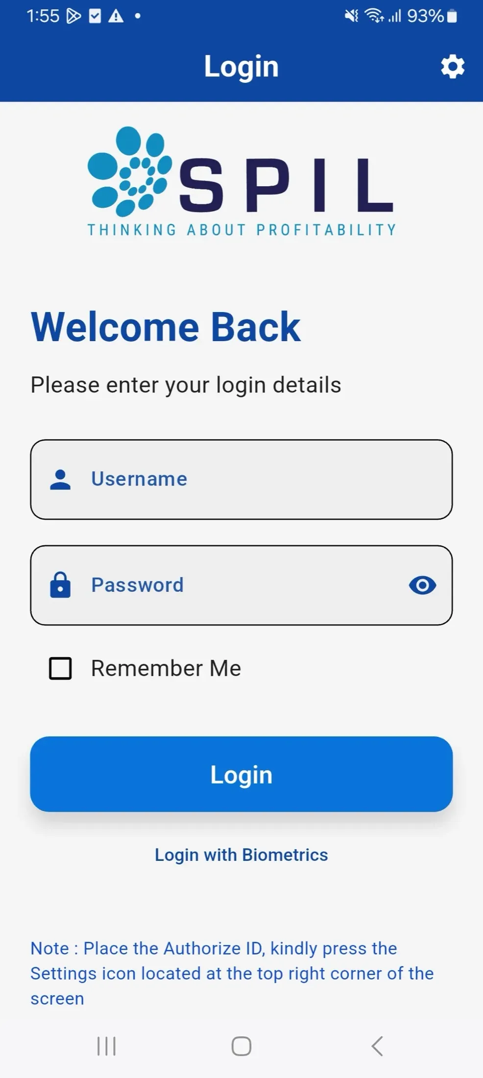 SPIL Glazier App login screen with username, password, Remember Me and biometric login
