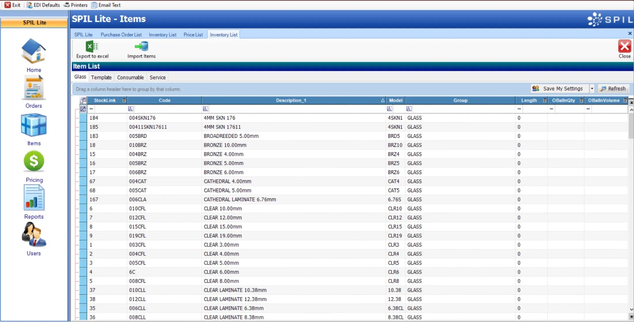 SPIL Lite item list showing glass product codes, descriptions and groups available to order