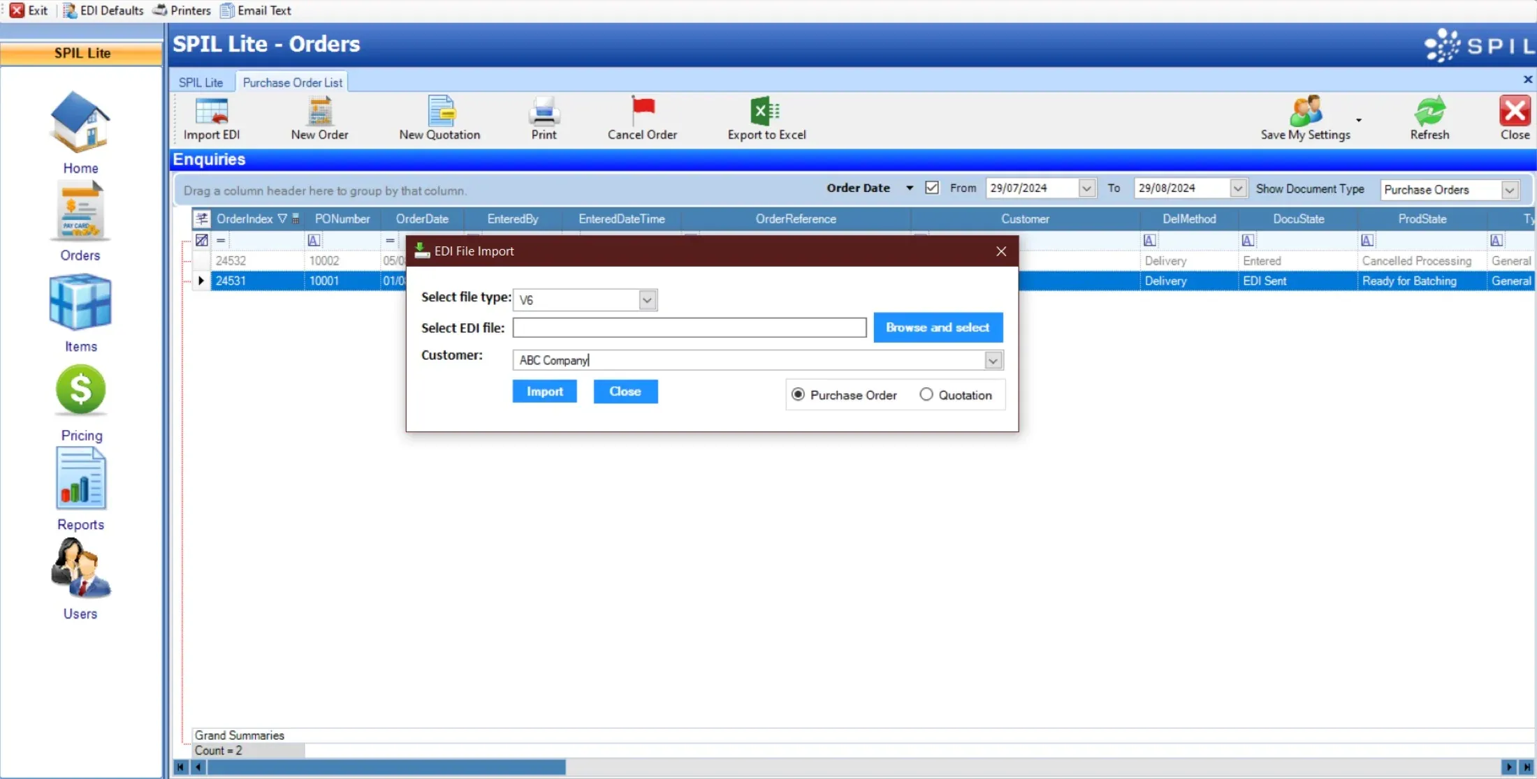 SPIL Lite orders screen with the EDI file import dialog for creating a purchase order or quotation
