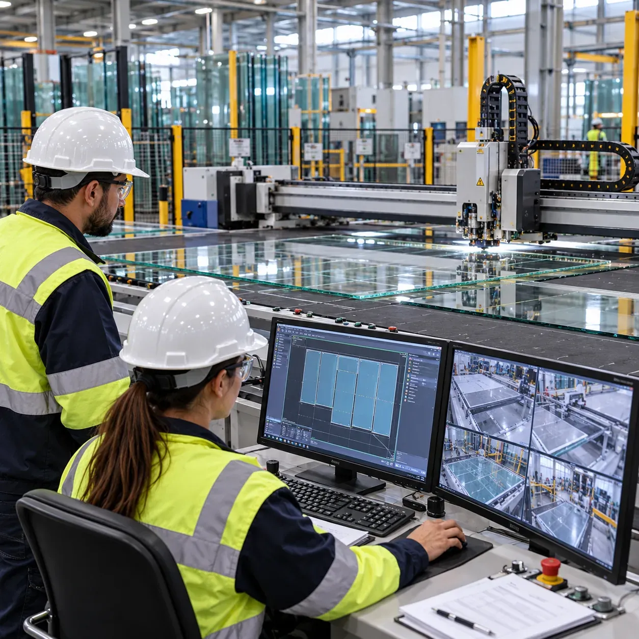 Two operators in hard hats and high-visibility jackets at the monitors of a CNC glass cutting table, with cutting layouts and camera views on screen