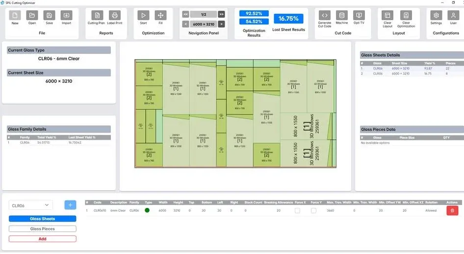 SPIL OPTI cutting optimiser showing a 6000 by 3210 mm sheet of 6 mm clear glass with nested panels, yield and last-sheet results, and glass sheet details