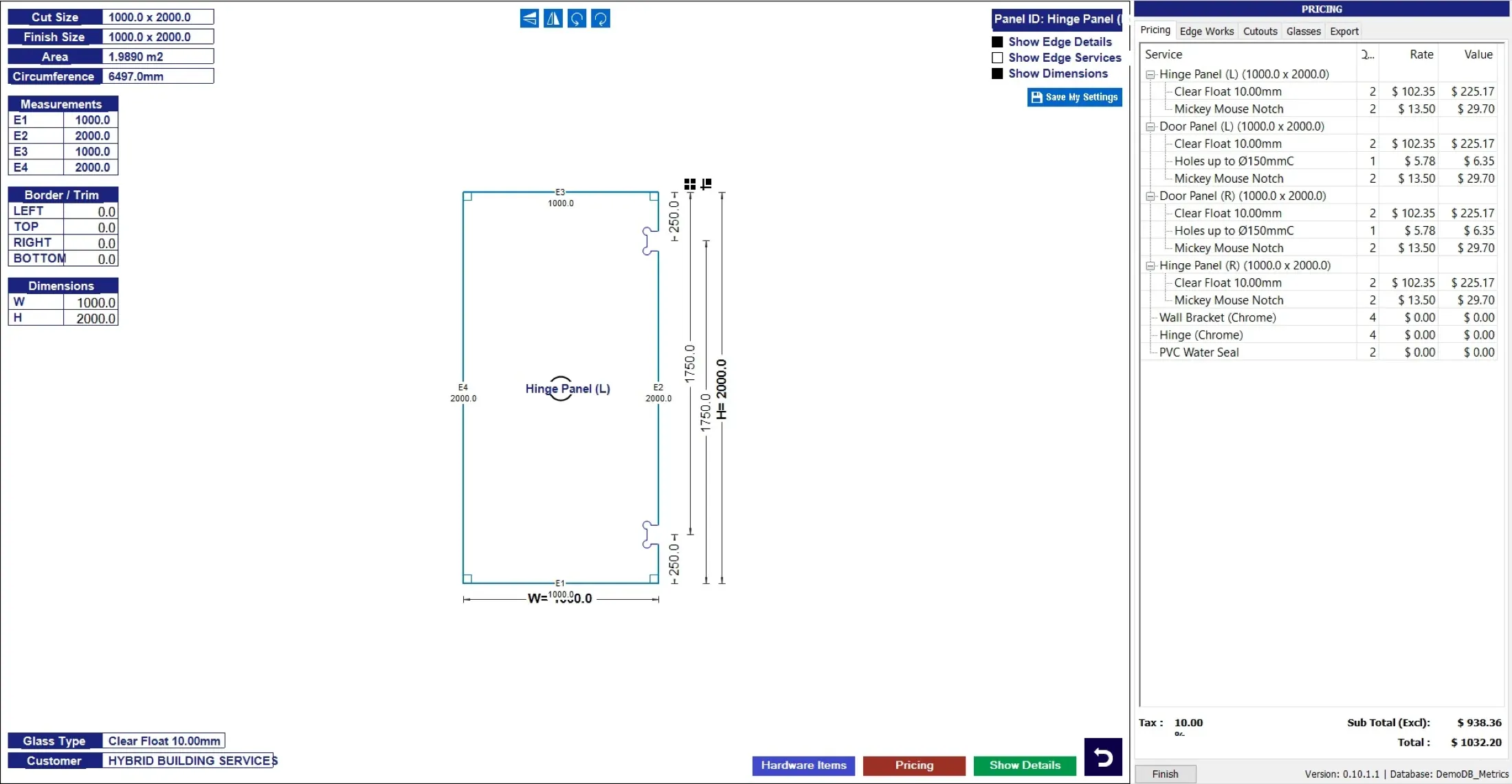 SPIL OPTI designer showing a hinge panel with measurements and edge details alongside an itemised pricing breakdown