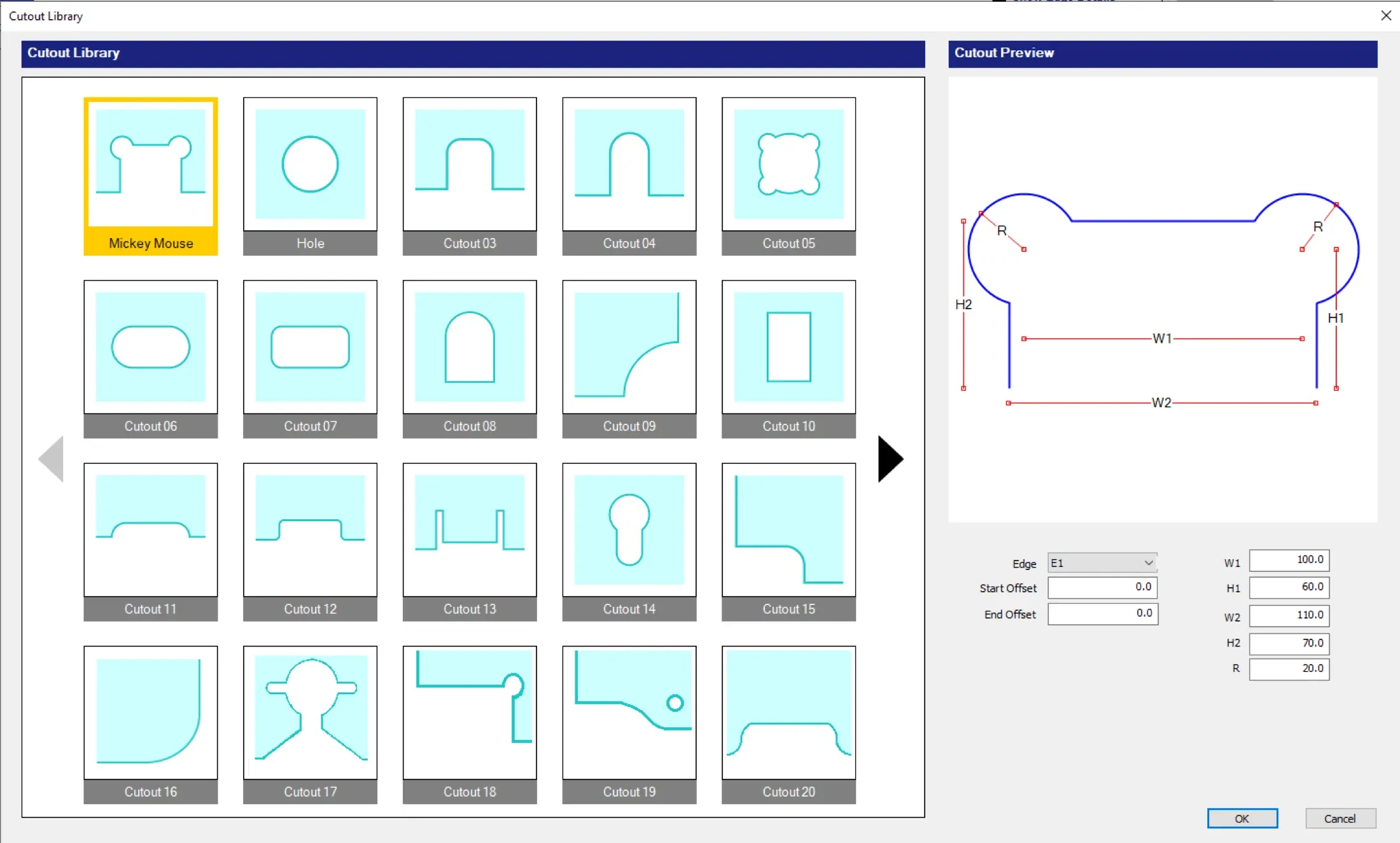 SPIL OPTI cut-out library with a preview and editable dimensions for the selected cut-out