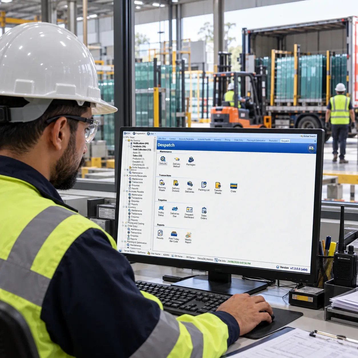 A worker in a hard hat, safety glasses and high-visibility jacket using the SPIL ERP Despatch menu on a desktop screen on the factory floor