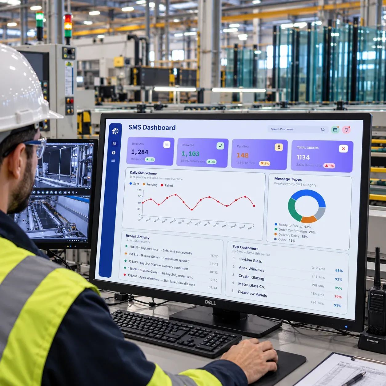 A worker in a hard hat, safety glasses and high-visibility jacket viewing the SPIL BI SMS dashboard on the glass factory floor