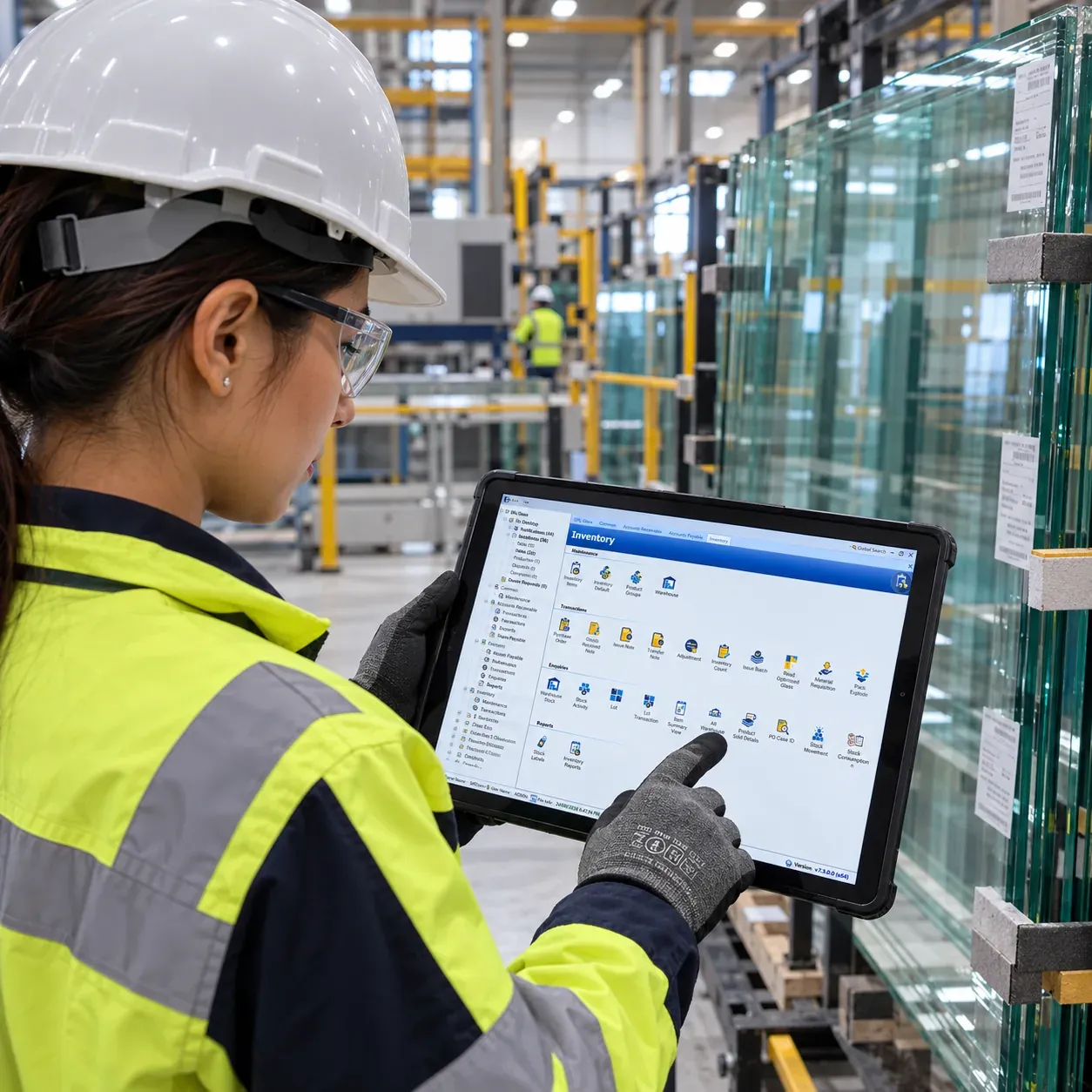 A technician in a hard hat and high-visibility jacket using the SPIL Inventory menu on a tablet beside racks of glass sheets