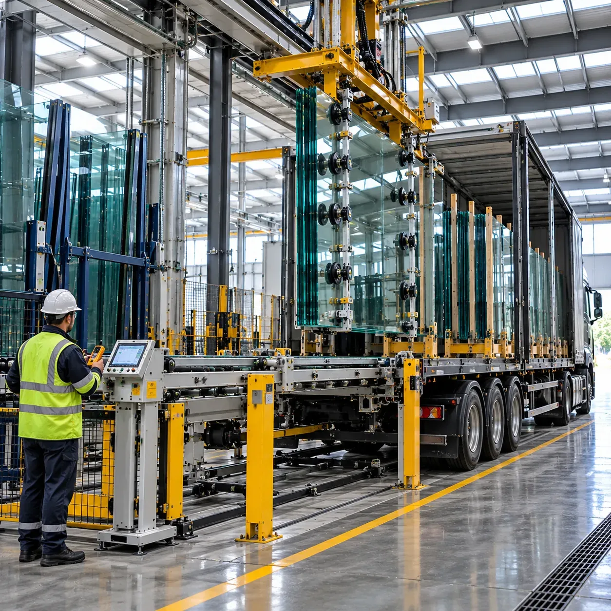 A worker in a hard hat and high-visibility jacket at the control panel of a rack loading glass sheets onto a truck